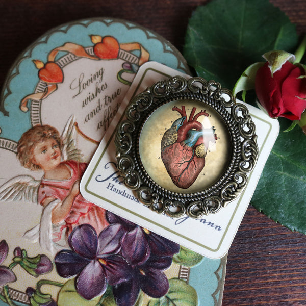 Anatomical Heart Reversed Decoupage Glass and Brass Brooch