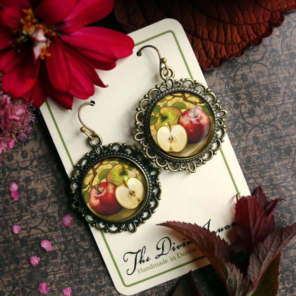 Art Nouveau Apples Glass Cabochon and Bronze Fall and Autumn Harvest Earrings