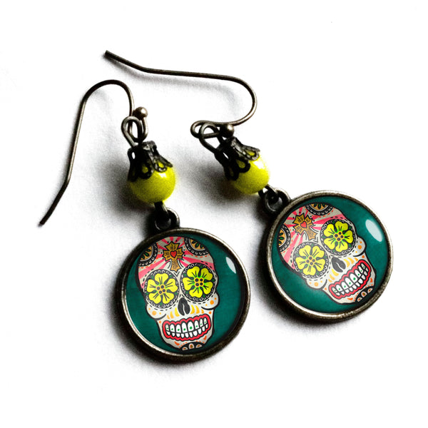 Sugar Skull with Yellow Eyes Day of the Dead Earrings