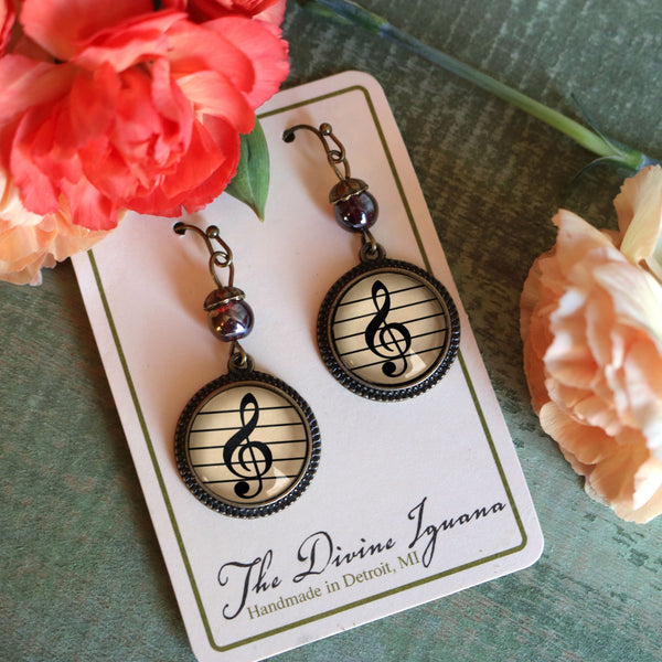 Treble Clef Vintage Inspired Drop / Dangle Earrings Reversed Decoupage Glass Cabochon Music Themed Jewelry