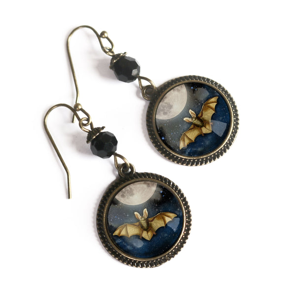 Moonlit Bat Drop / Dangle Earrings Glass Cabochons with Black Glass Bead