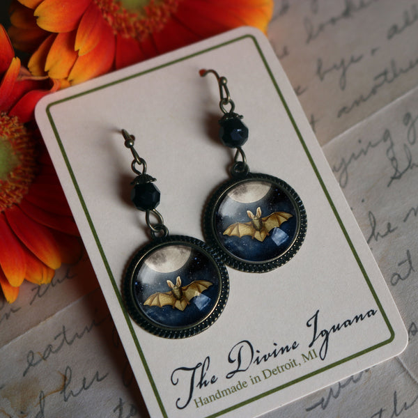 Moonlit Bat Drop / Dangle Earrings Glass Cabochons with Black Glass Bead