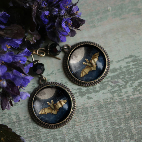 Moonlit Bat Drop / Dangle Earrings Glass Cabochons with Black Glass Bead