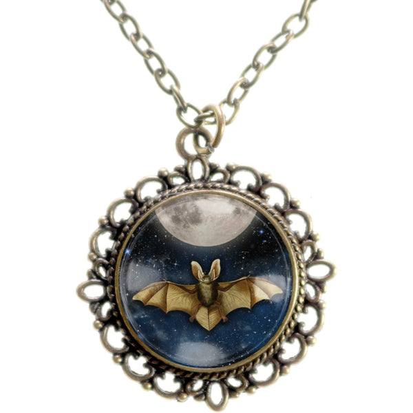 Moonlit Bat Goth or Halloween Large Pendant Necklace in Ornate Frame