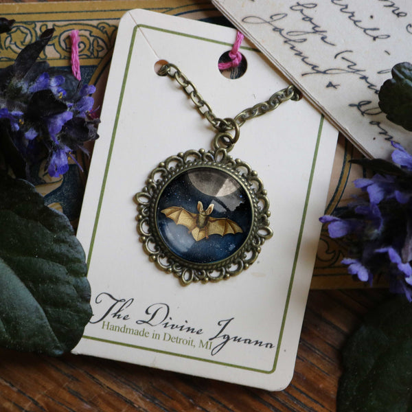 Moonlit Bat Goth or Halloween Large Pendant Necklace in Ornate Frame