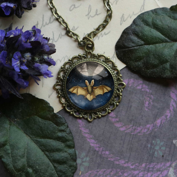 Moonlit Bat Goth or Halloween Large Pendant Necklace in Ornate Frame