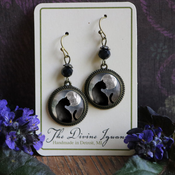 Moonlit Cat Drop / Dangle Earrings Glass Cabochons with Black Glass Bead