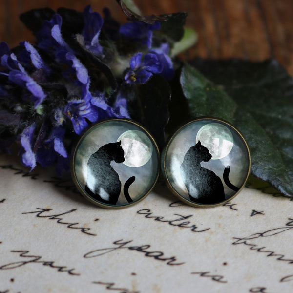 Moonlit Cat Goth or Halloween Glass Cabochon Stud Earrings