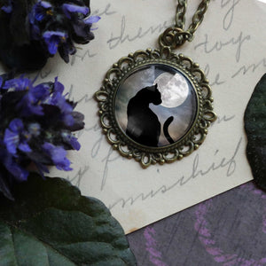 Moonlit Cat Goth or Halloween Large Pendant Necklace in Ornate Frame