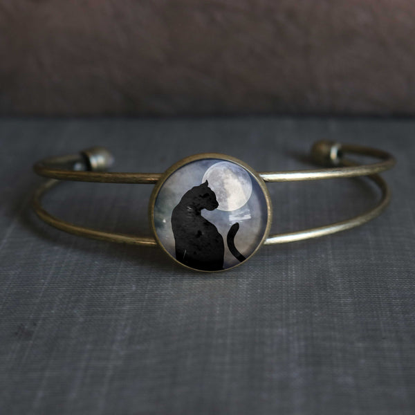 Moonlit Cat Goth / Halloween Cuff Bracelet with Glass Cabochon on Bronze