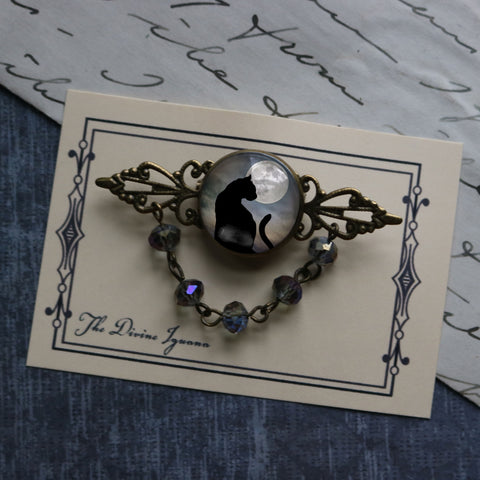 Moonlit Cat Goth or Halloween Vintage Inspired Pin Brooch with Brass Filigree and Beaded Accent