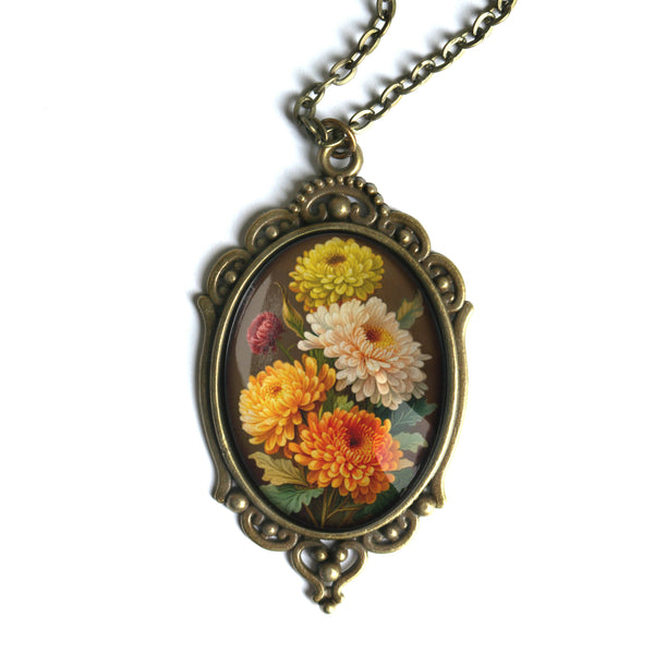 Harvest Chrysanthemums Ornate Oval Pendant Necklace for Fall and Thanksgiving