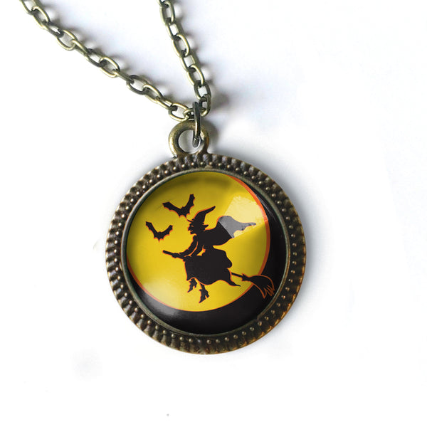 Flying Witch on Yellow Full Moon  Pendant Necklace