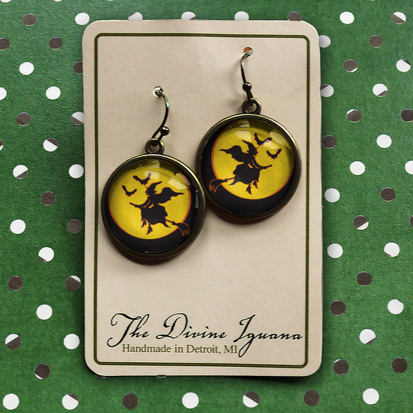 Flying Witch on Yellow Moon- Halloween Vintage Inspired Drop / Dangle Earrings