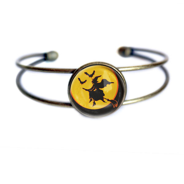 Flying Witch Retro Inspired Cuff Bracelet - Glass Cabochon in Brass Bezel