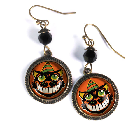 Grinning Black Cat Vintage Inspired Drop / Dangle Earrings