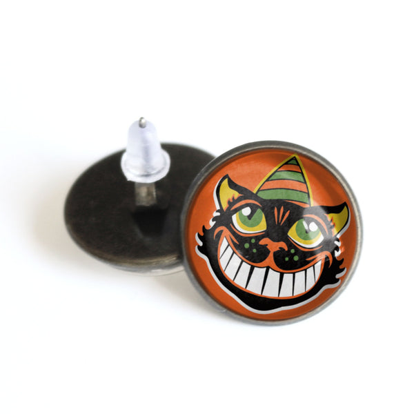 Grinning Retro Halloween Black Cat Vintage Inspired Stud Earrings