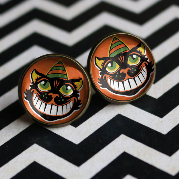 Grinning Retro Halloween Black Cat Vintage Inspired Stud Earrings