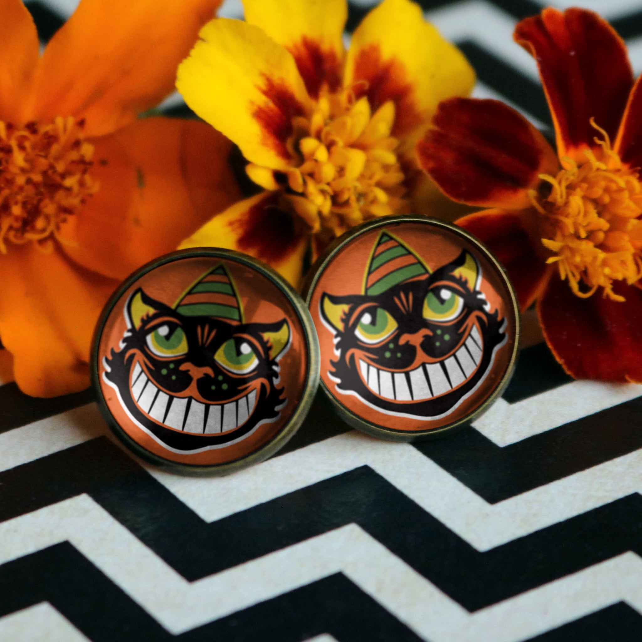 Grinning Retro Halloween Black Cat Vintage Inspired Stud Earrings