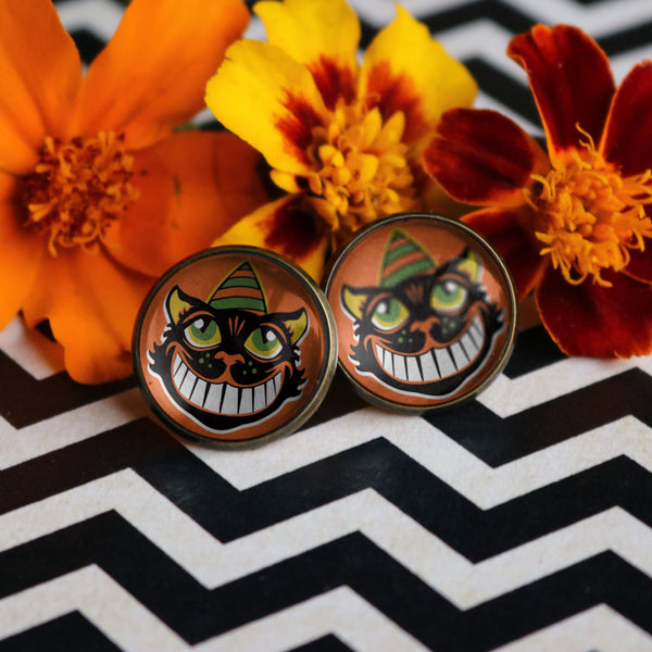 Grinning Retro Halloween Black Cat Vintage Inspired Stud Earrings