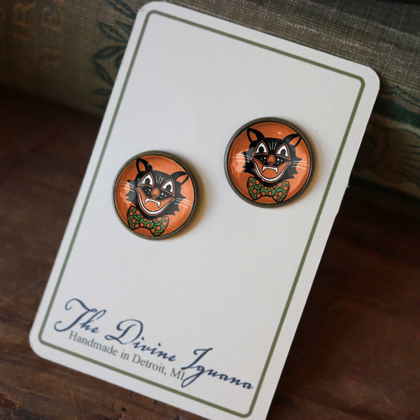 Retro Halloween Black Cat Vintage Inspired Stud Earrings