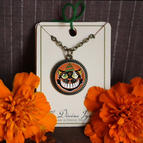 Grinning Retro Halloween Black Cat  Pendant Necklace with Black Bead