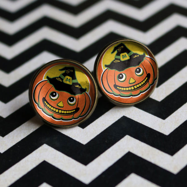 Jack O Lantern in Witch Hat Vintage Inspired Stud Earrings