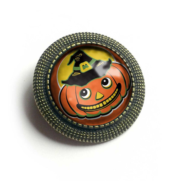 Jack O Lantern in Witch Hat Retro Halloween Black Cat Vintage Inspired Pin Brooch