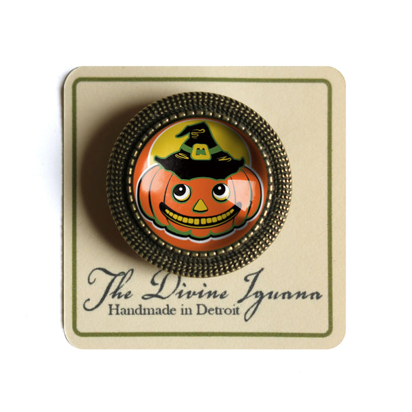 Jack O Lantern in Witch Hat Retro Halloween Black Cat Vintage Inspired Pin Brooch