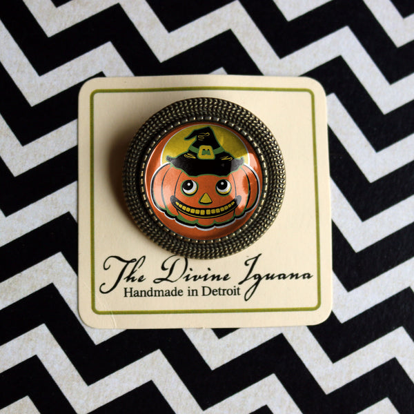 Jack O Lantern in Witch Hat Retro Halloween Black Cat Vintage Inspired Pin Brooch