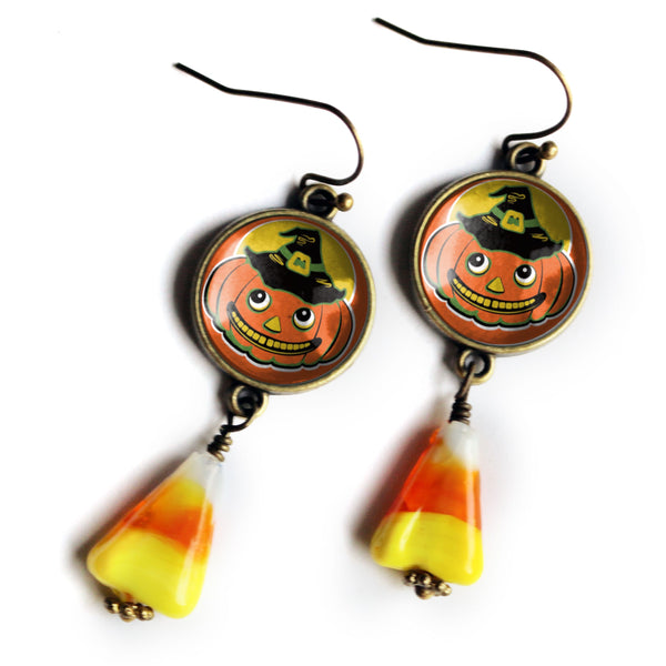 Jack O Lantern in Witch Hat w/ Candy Corn Retro Halloween Drop / Dangle Earrings