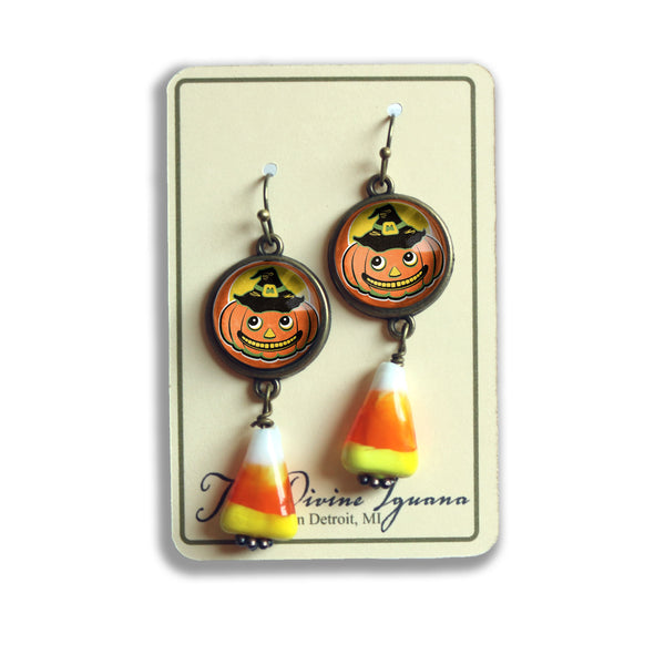 Jack O Lantern in Witch Hat w/ Candy Corn Retro Halloween Drop / Dangle Earrings