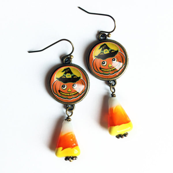 Jack O Lantern in Witch Hat w/ Candy Corn Retro Halloween Drop / Dangle Earrings