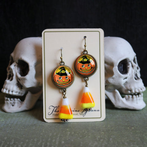 Jack O Lantern in Witch Hat w/ Candy Corn Retro Halloween Drop / Dangle Earrings