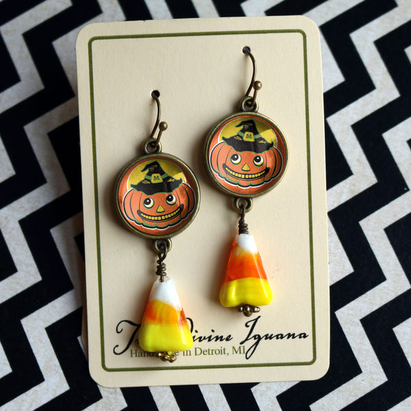 Jack O Lantern in Witch Hat w/ Candy Corn Retro Halloween Drop / Dangle Earrings