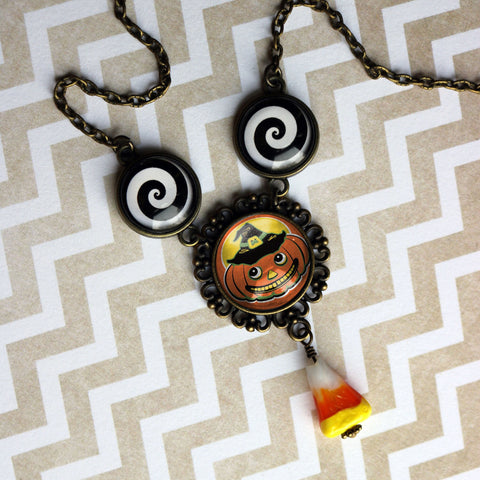 Jack O Lantern in Witch Hat and Candy Corn Retro Halloween Statement Necklace