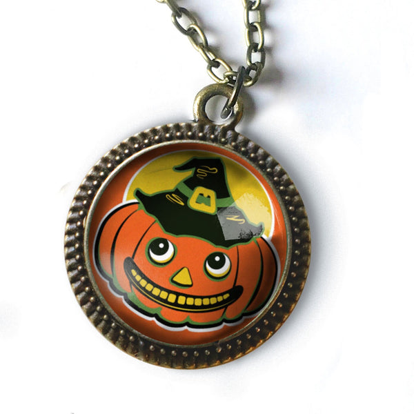 Retro Jack O Lantern in Witch Hat Halloween Pendant Necklace