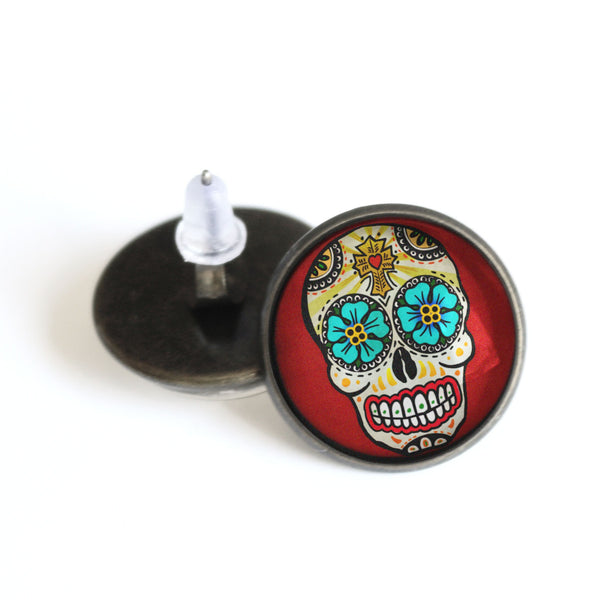 Sugar Skull with Blue Eyes Day of the Dead Stud Earrings