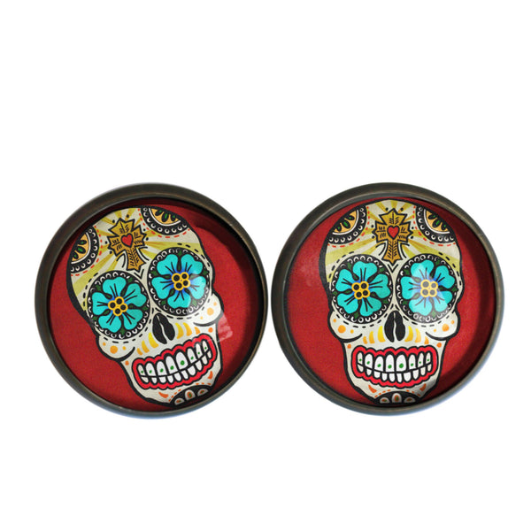 Sugar Skull with Blue Eyes Day of the Dead Stud Earrings