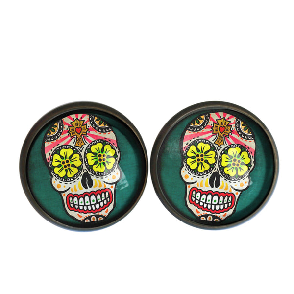 Sugar Skull with Yellow Eyes Day of the Dead Stud Earrings