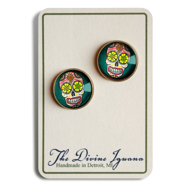 Sugar Skull with Yellow Eyes Day of the Dead Stud Earrings