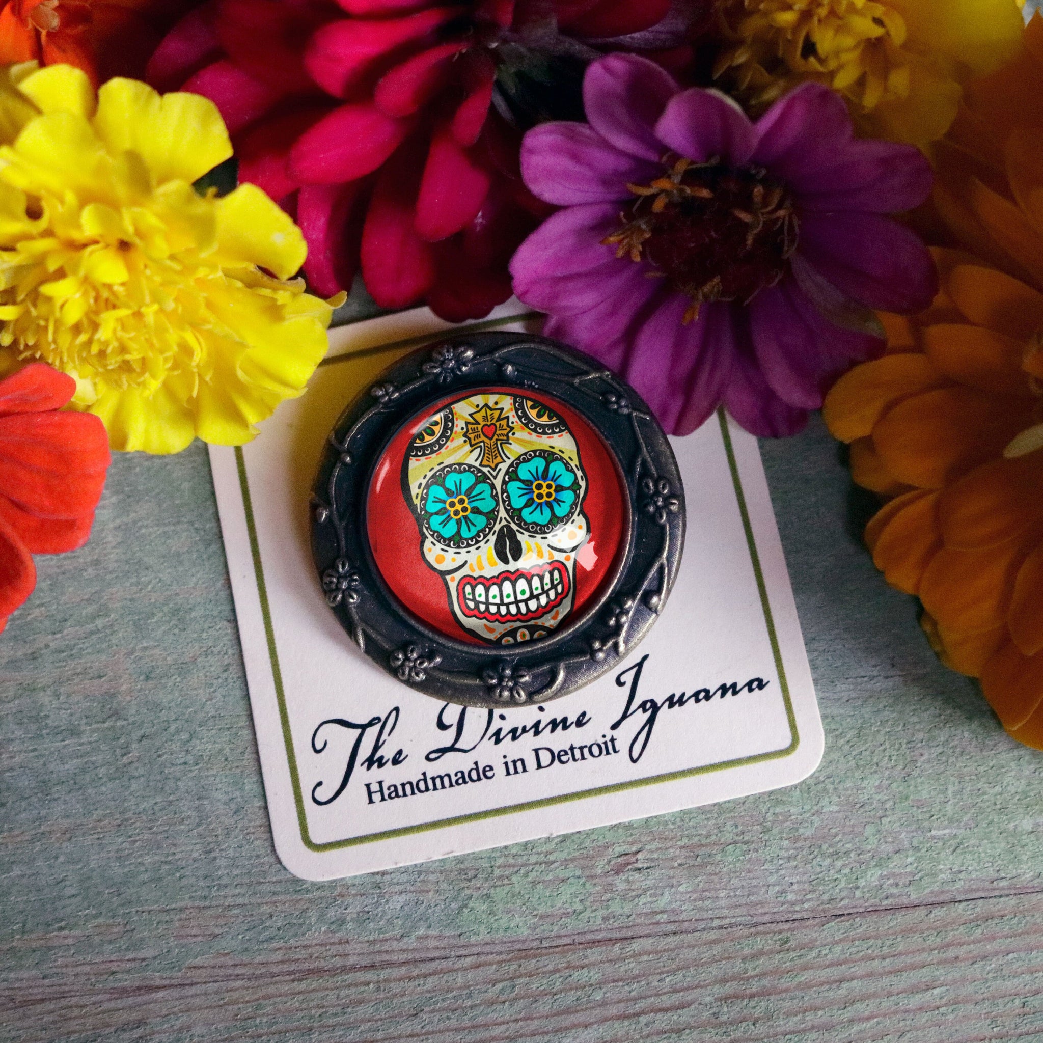 Sugar Skull with Blue Eyes Day of the Dead Pin Back Brooch