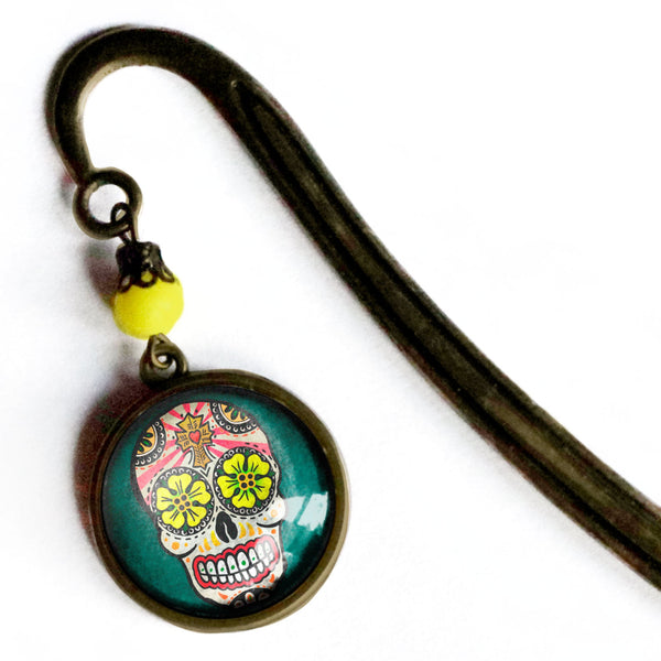 Sugar Skull with Yellow Eyes Glass Cabochon Day of the Dead Brass Book Hook / Bookmark