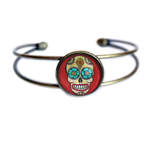 Sugar Skull with Blue Eyes Day of the Dead Cuff Bracelet with Glass Cabochon on Bronze