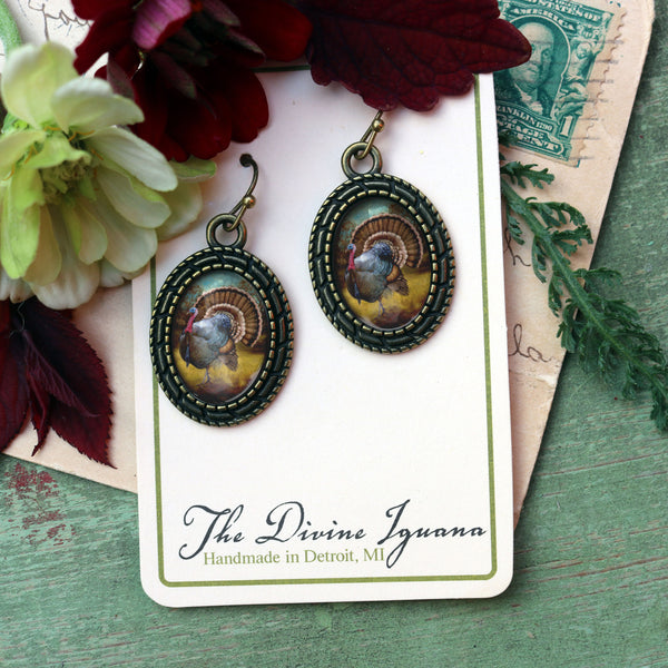 Oval Turkey Thanksgiving Holiday Vintage Inspired Drop / Dangle Earrings