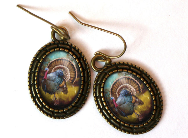 Oval Turkey Thanksgiving Holiday Vintage Inspired Drop / Dangle Earrings