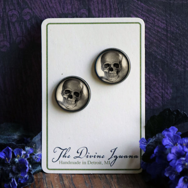 Pale Skull Vintage Inspired Goth Halloween Stud Earrings