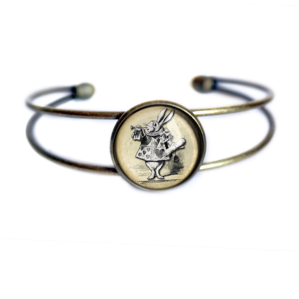 Alice in Wonderland White Rabbit Adjustable Charm Bracelet / Bangle in Antique Brass