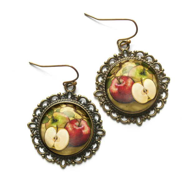 Art Nouveau Apples Glass Cabochon and Bronze Fall and Autumn Harvest Earrings