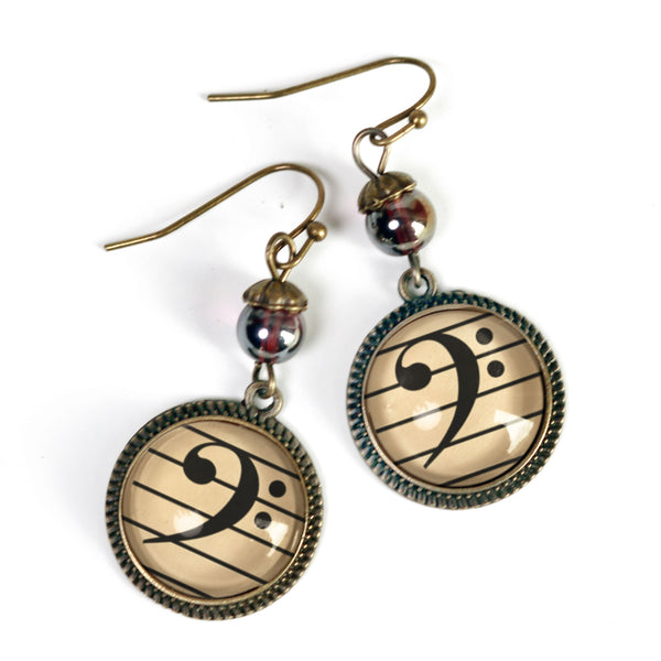 Bass Clef Vintage Inspired Drop / Dangle Earrings Reversed Decoupage Glass Cabochon Music Themed Jewelry